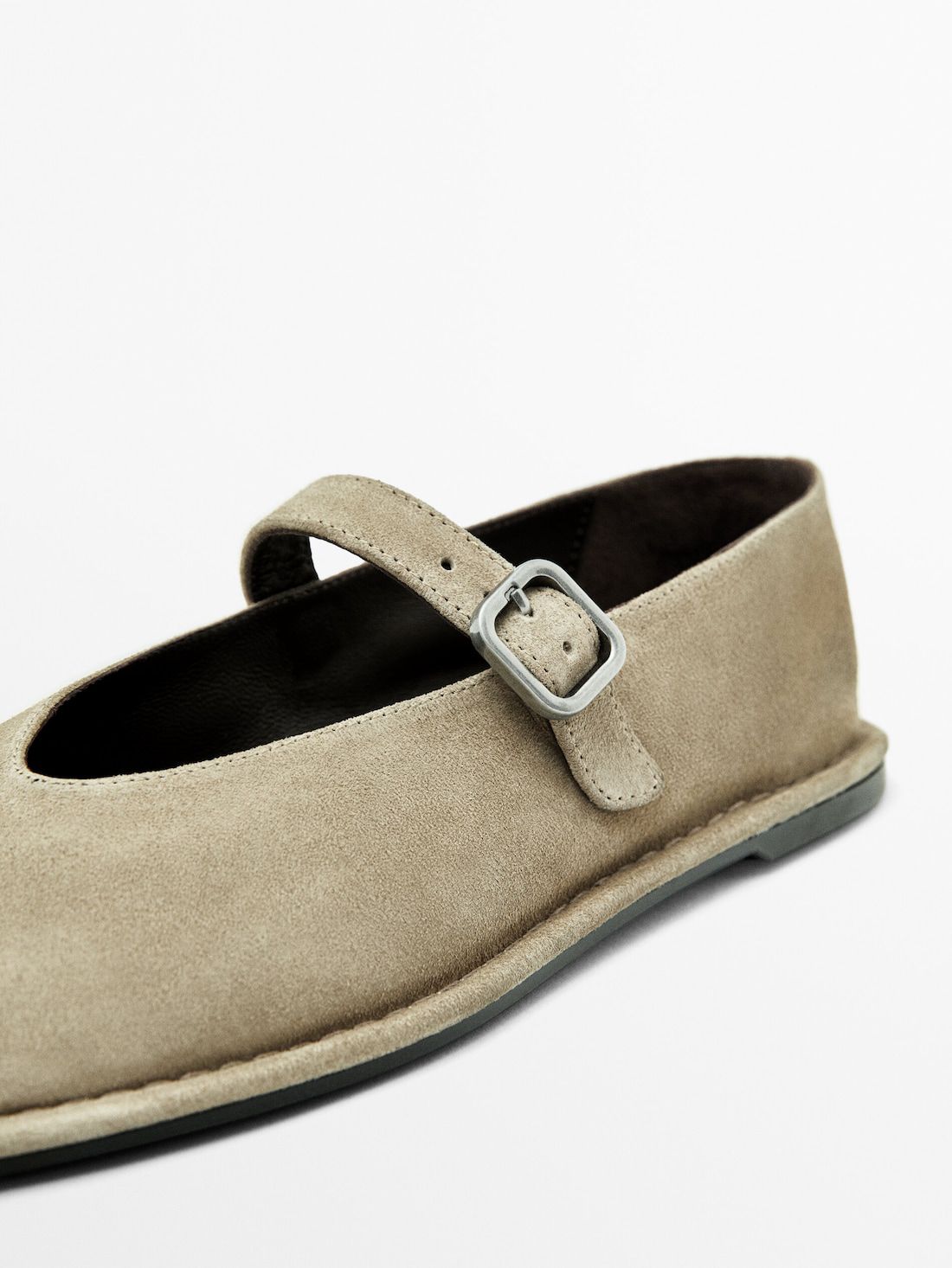 Massimo Dutti Split Suede With Buckle Women Ballet Flats Khaki | US-YA0379856