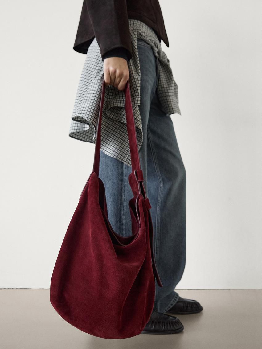 Massimo Dutti Split Suede Women Shoulder Bag Burgundy | US-VC3890574
