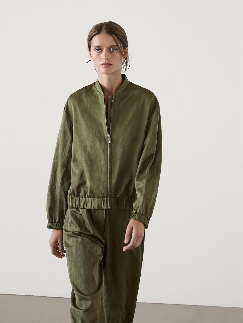 Massimo Dutti Stand Collar Women Bomber Jacket Olive | US-WD0513728