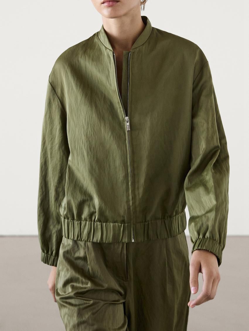 Massimo Dutti Stand Collar Women Bomber Jacket Olive | US-WD0513728