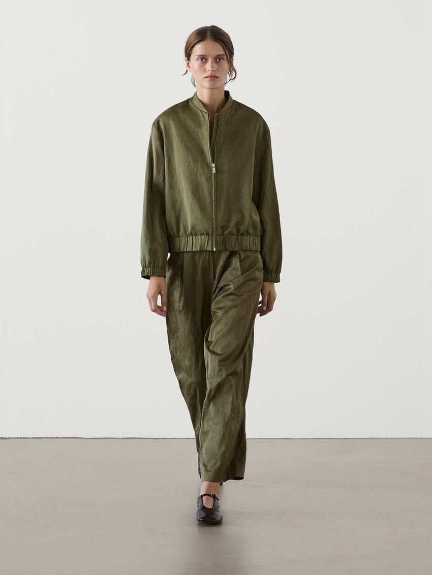 Massimo Dutti Stand Collar Women Bomber Jacket Olive | US-WD0513728