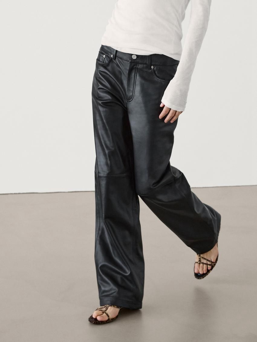 Massimo Dutti Straight Fit Nappa Leather Women Trousers Black | US-PQ4720658