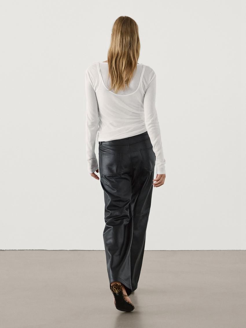 Massimo Dutti Straight Fit Nappa Leather Women Trousers Black | US-PQ4720658