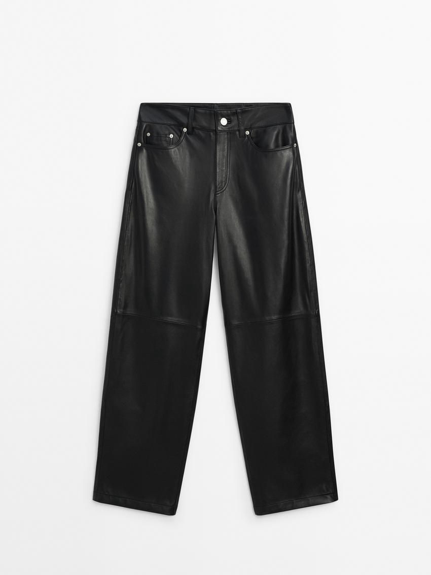Massimo Dutti Straight Fit Nappa Leather Women Trousers Black | US-PQ4720658