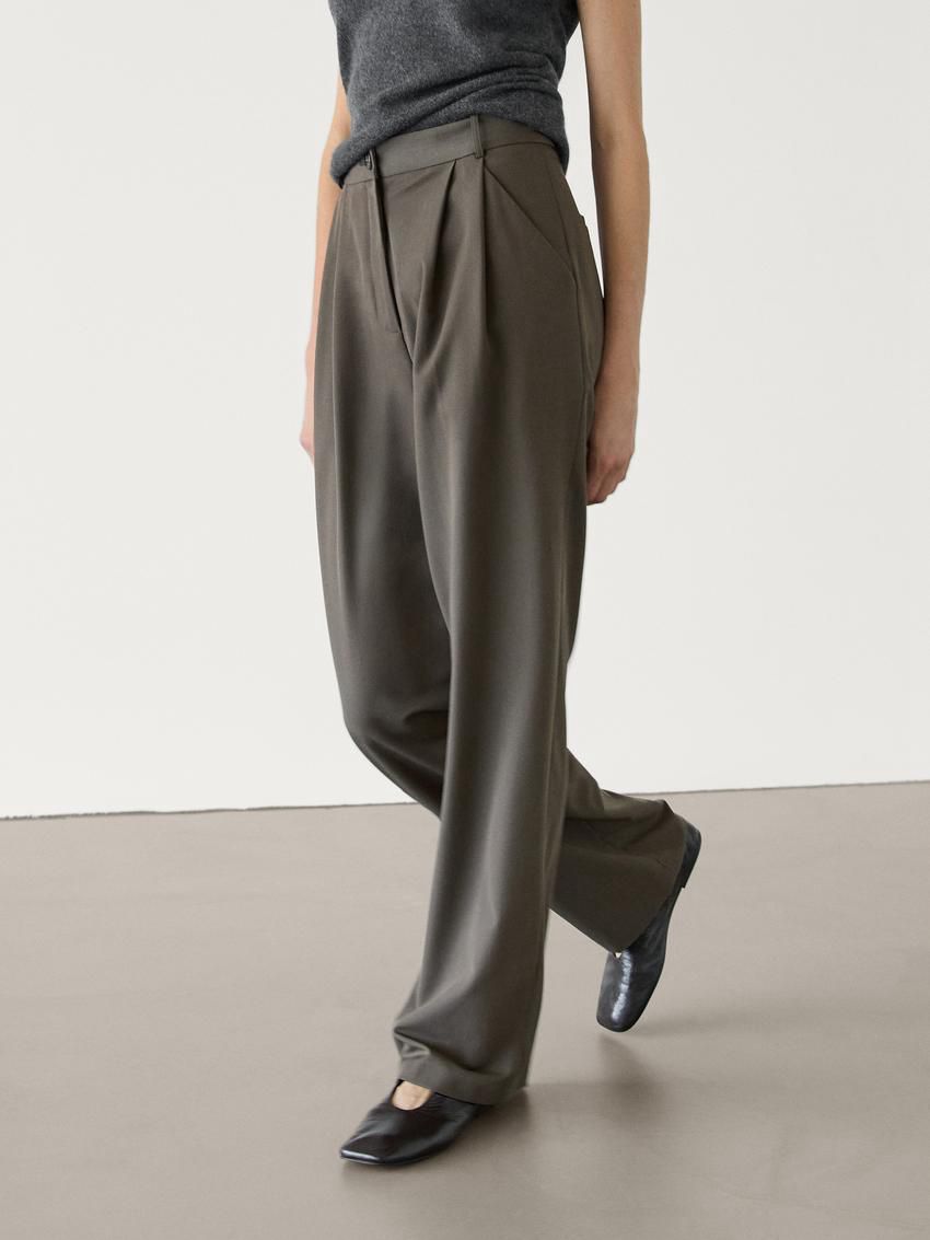 Massimo Dutti Straight Fit With Double Belt Loops Women Trousers Olive | US-PK1349065