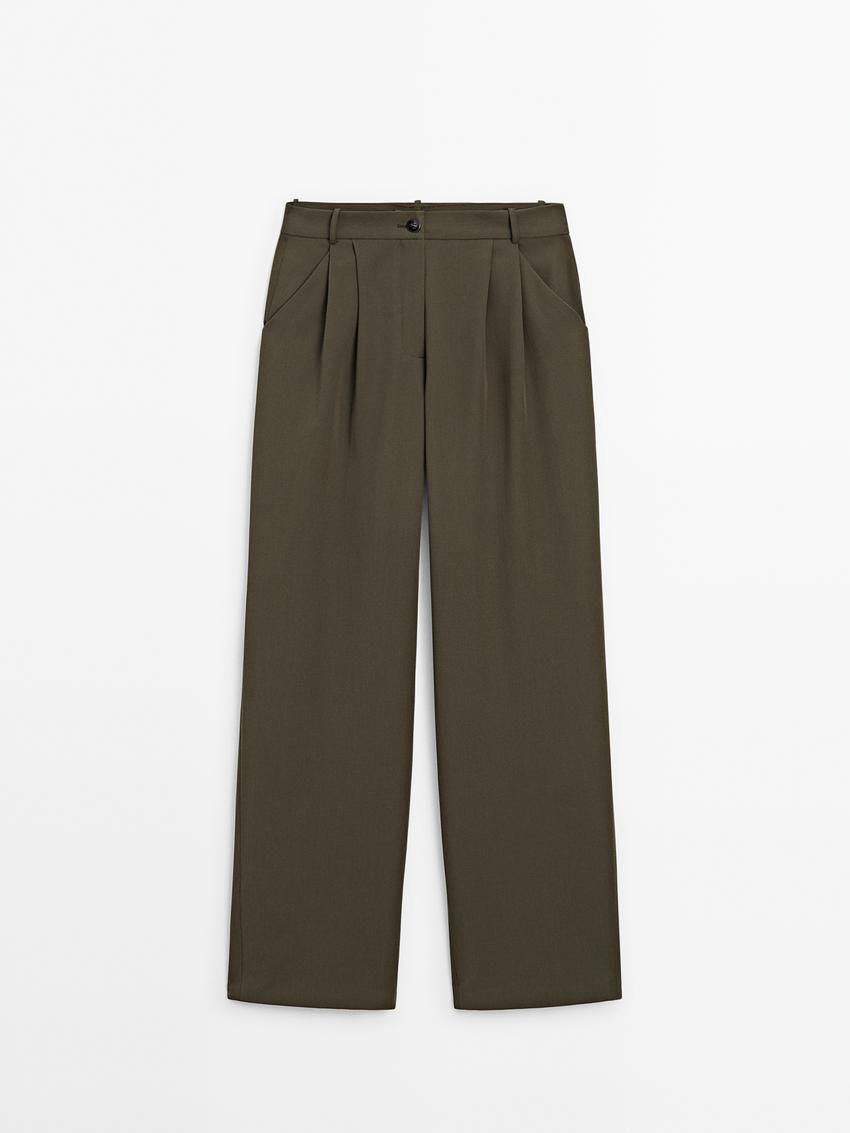 Massimo Dutti Straight Fit With Double Belt Loops Women Trousers Olive | US-PK1349065