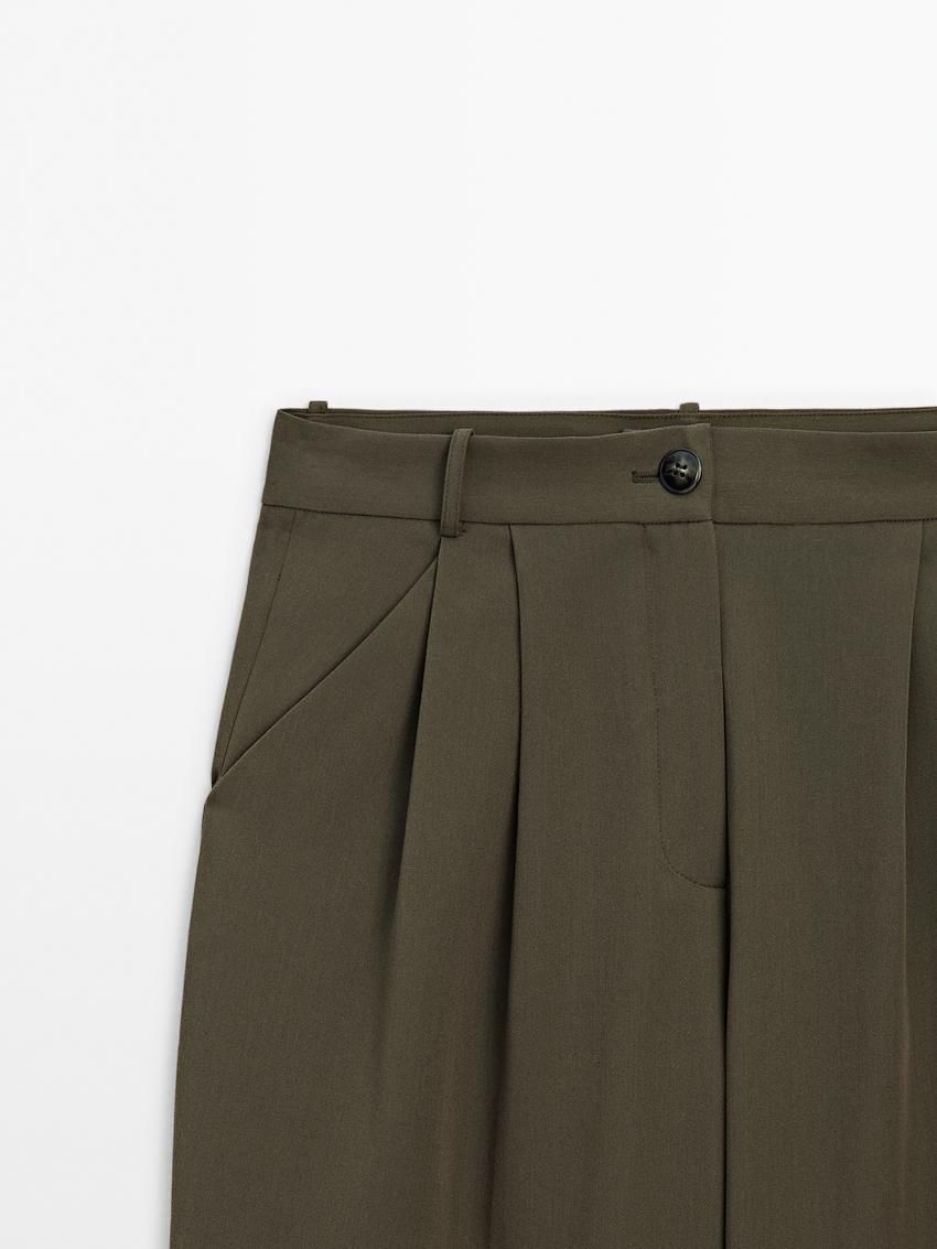 Massimo Dutti Straight Fit With Double Belt Loops Women Trousers Olive | US-PK1349065