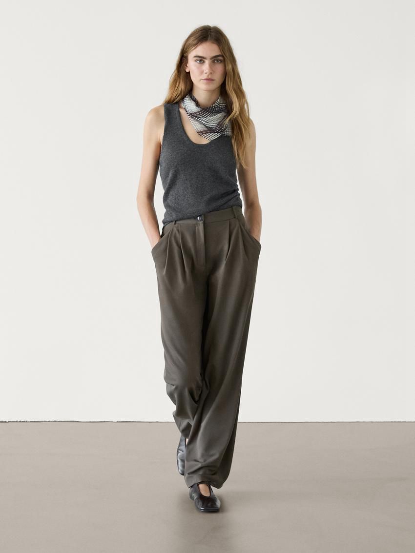 Massimo Dutti Straight Fit With Double Belt Loops Women Trousers Olive | US-PK1349065