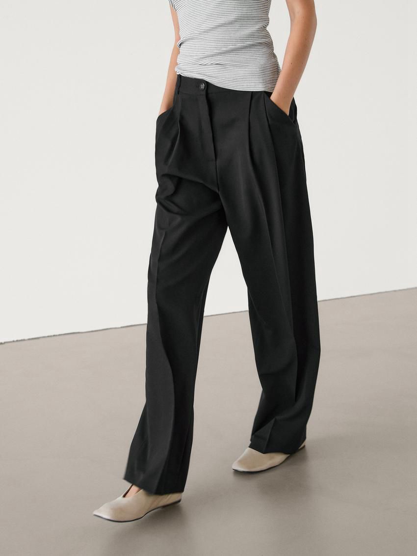 Massimo Dutti Straight Fit With Double Belt Loops Women Trousers Black | US-SU2493501
