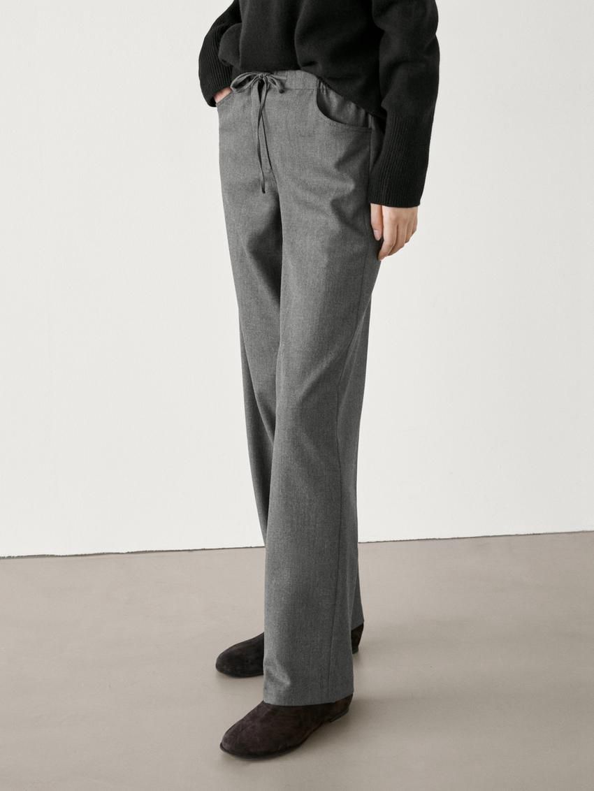 Massimo Dutti Straight Flannel With Tie Detail Women Trousers Dark Grey | US-CG5381069