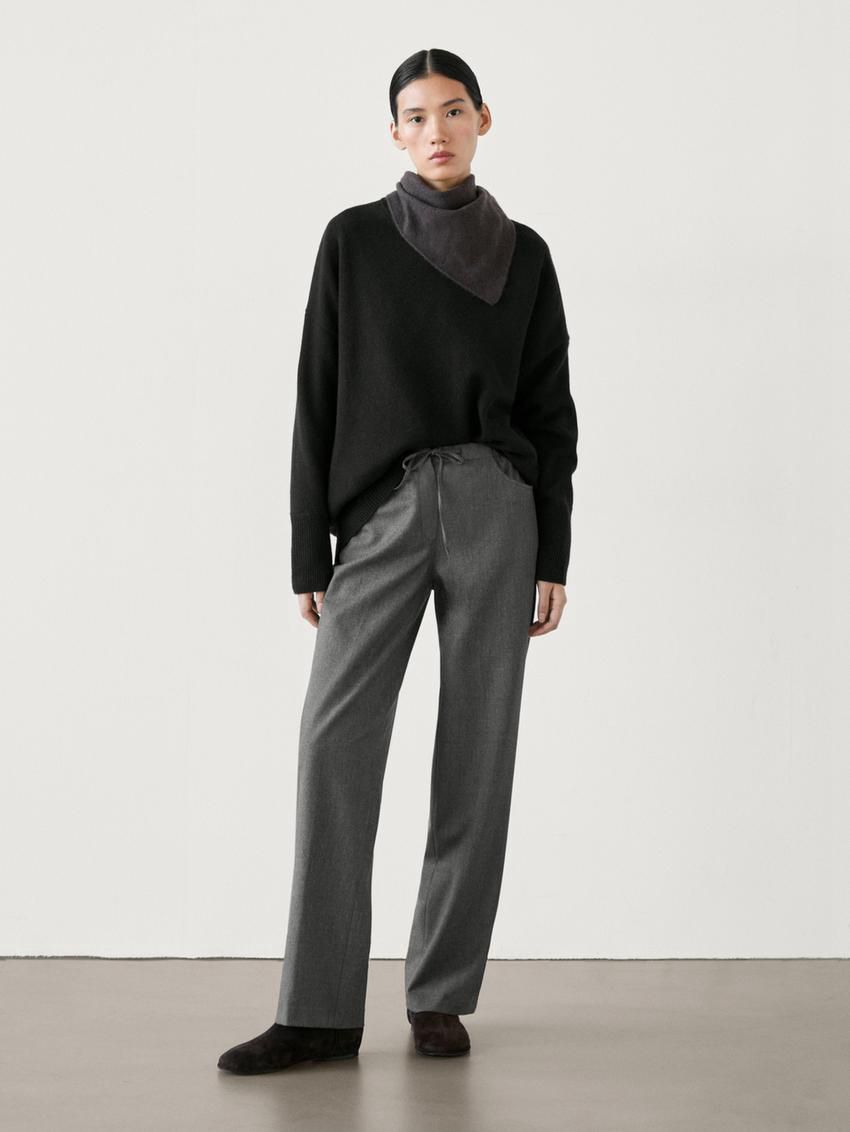 Massimo Dutti Straight Flannel With Tie Detail Women Trousers Dark Grey | US-CG5381069