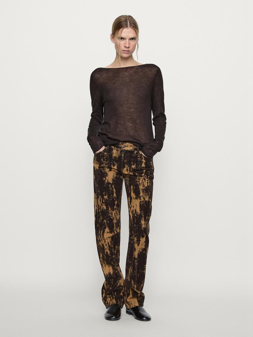 Massimo Dutti Straight-fit Flocked Cotton Women Jeans Brown | US-RQ7526041
