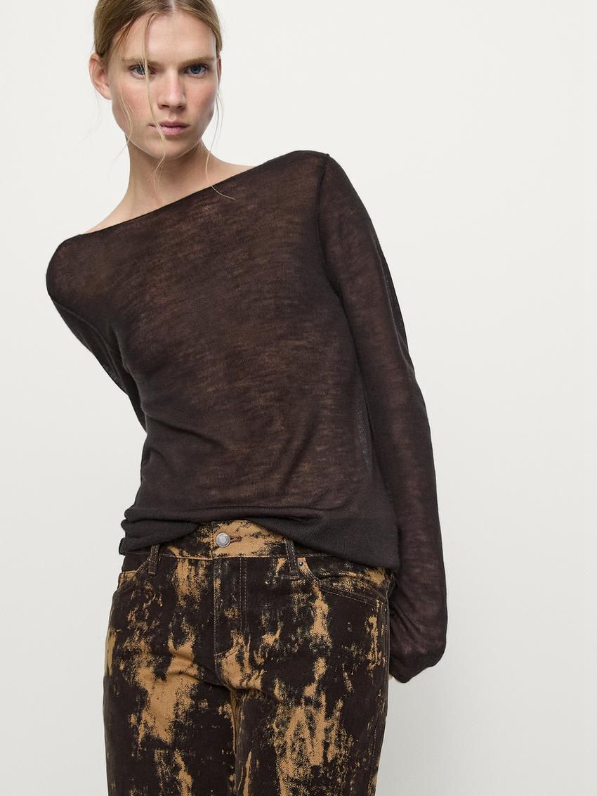 Massimo Dutti Straight-fit Flocked Cotton Women Jeans Brown | US-RQ7526041
