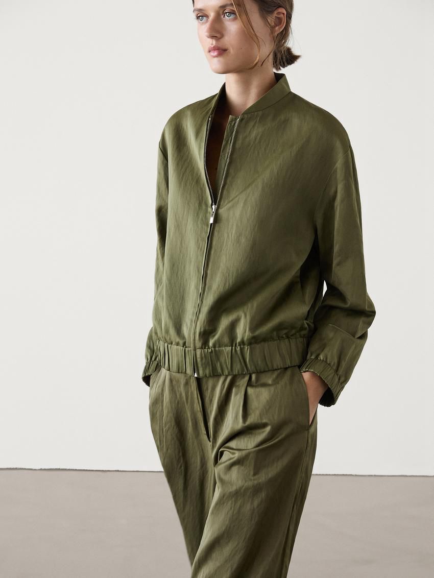 Massimo Dutti Straight-leg Creased Satin Women Trousers Green | US-OV6130485