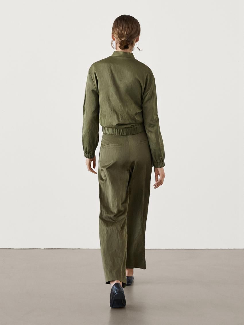 Massimo Dutti Straight-leg Creased Satin Women Trousers Green | US-OV6130485