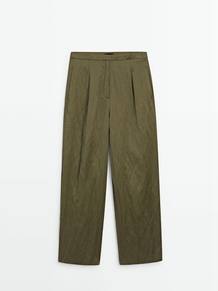 Massimo Dutti Straight-leg Creased Satin Women Trousers Green | US-OV6130485