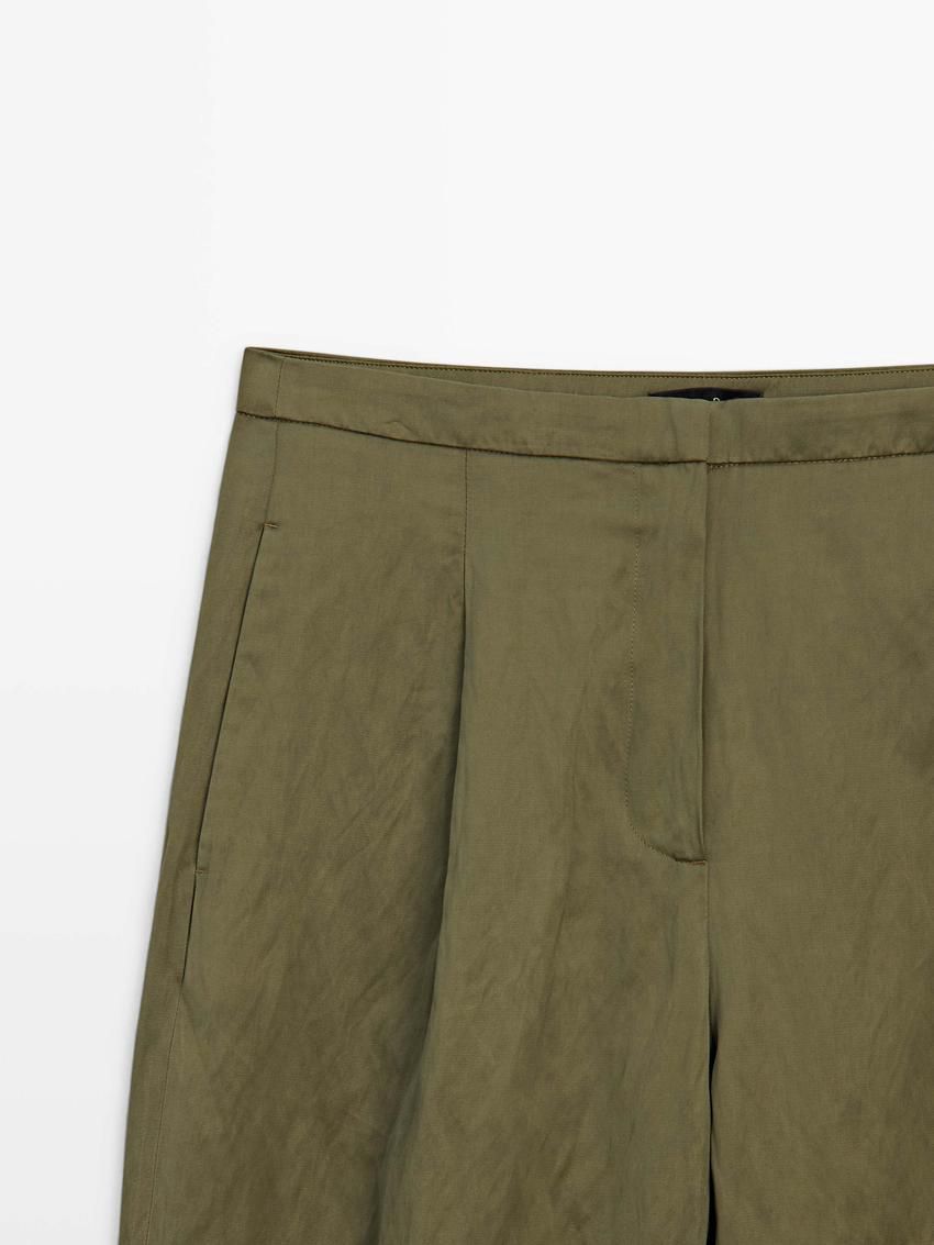 Massimo Dutti Straight-leg Creased Satin Women Trousers Green | US-OV6130485