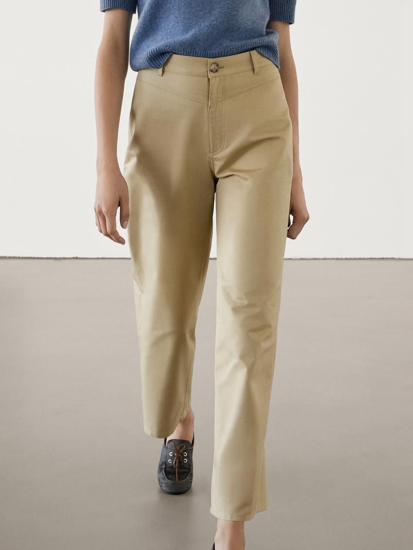 Massimo Dutti Straight-leg Cropped Cotton Women Trousers Khaki | US-WU6824105