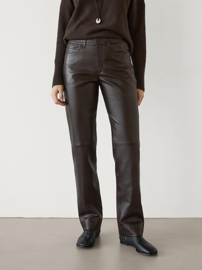 Massimo Dutti Straight-leg Nappa Leather Women Trousers Dark Brown | US-LR2568749