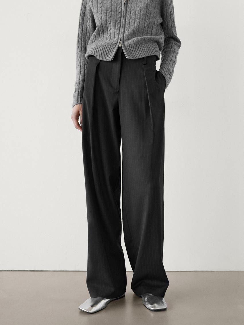 Massimo Dutti Straight-leg Pleated Pinstripe Women Trousers Black | US-BV6574910