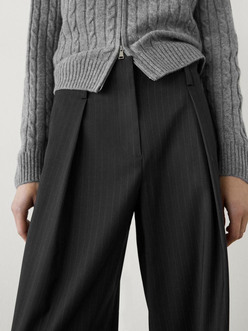 Massimo Dutti Straight-leg Pleated Pinstripe Women Trousers Black | US-BV6574910