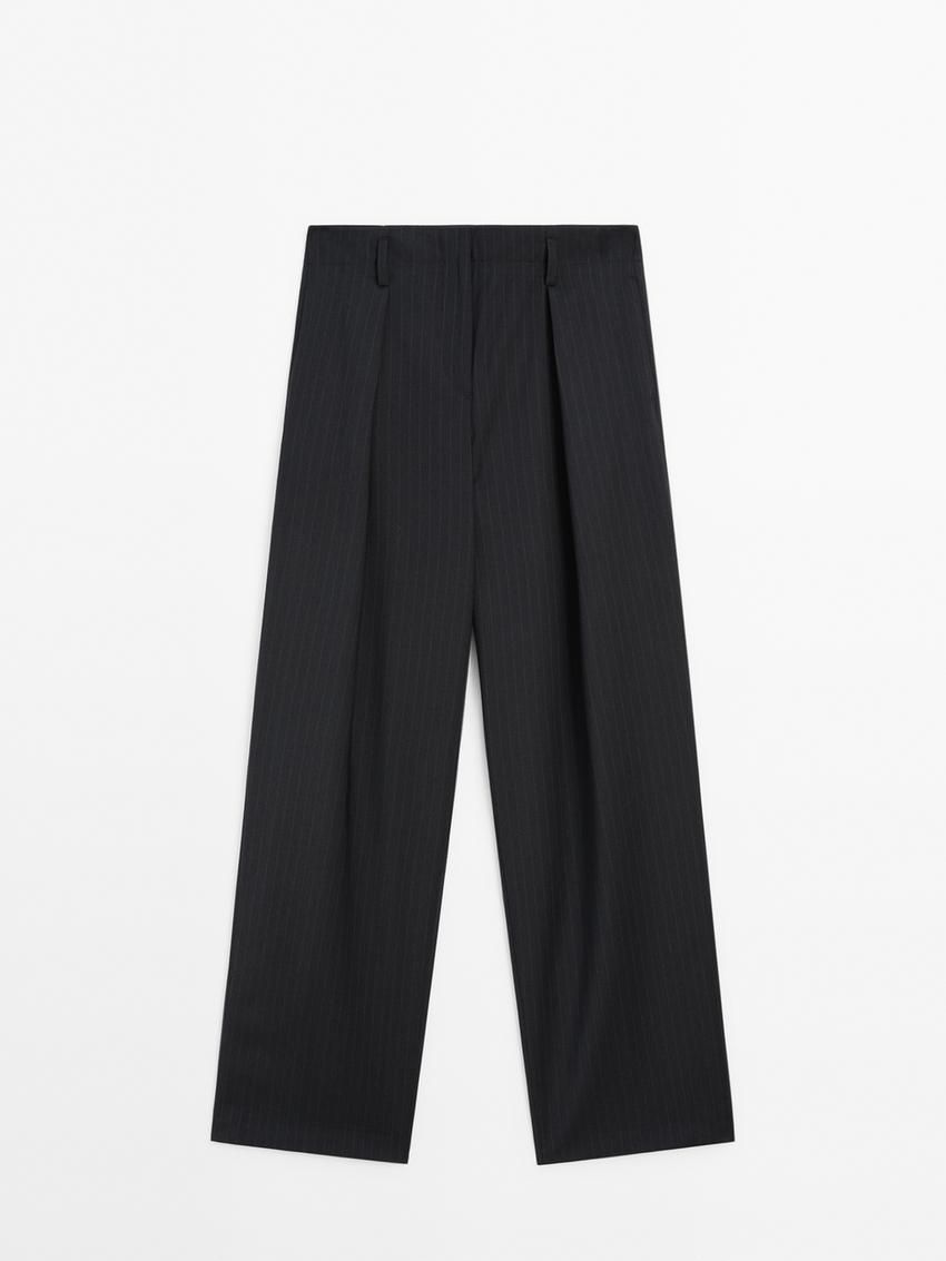 Massimo Dutti Straight-leg Pleated Pinstripe Women Trousers Black | US-BV6574910