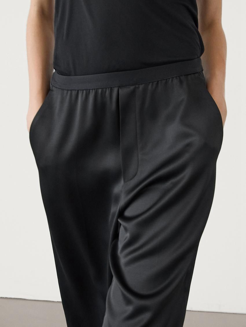 Massimo Dutti Straight-leg Satin With An Elastic Waistband Women Trousers Black | US-IQ8204697