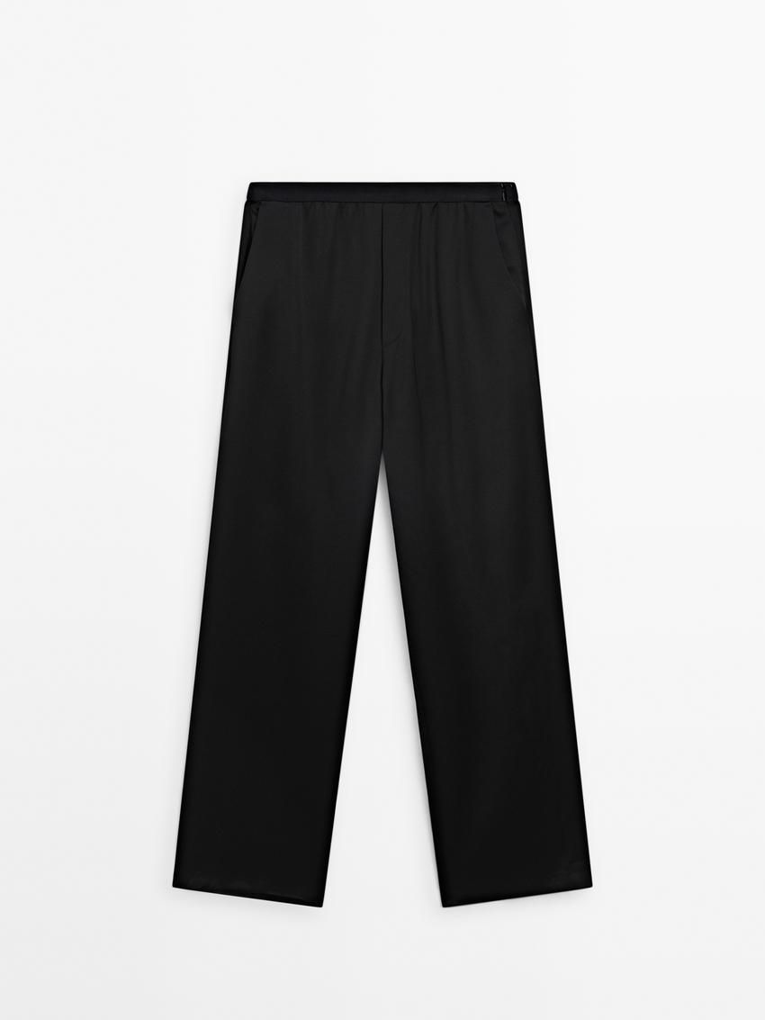 Massimo Dutti Straight-leg Satin With An Elastic Waistband Women Trousers Black | US-IQ8204697