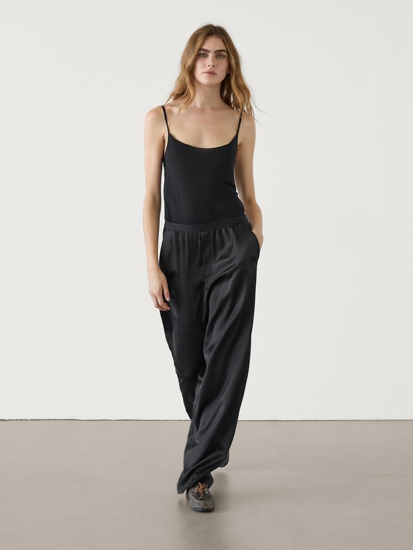 Massimo Dutti Straight-leg Satin With An Elastic Waistband Women Trousers Black | US-IQ8204697