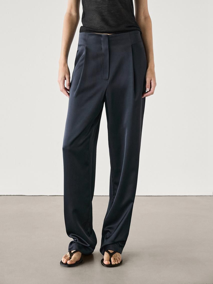 Massimo Dutti Straight-leg Satin With Darts Women Trousers Navy | US-ND7823459
