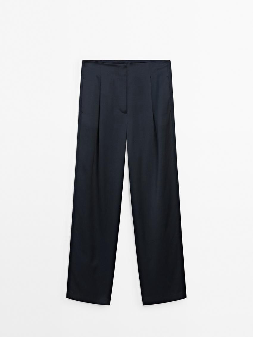 Massimo Dutti Straight-leg Satin With Darts Women Trousers Navy | US-ND7823459