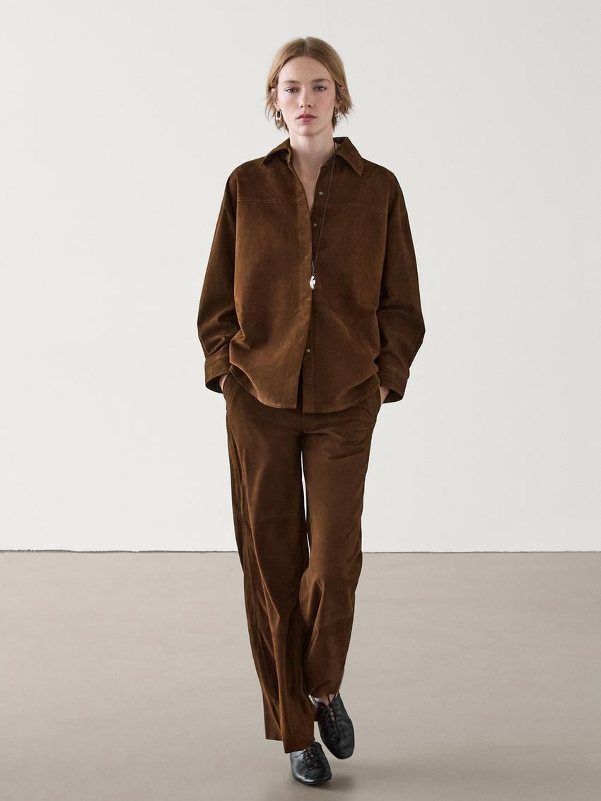 Massimo Dutti Straight-leg Suede Leather Women Trousers Brown | US-BT6937185