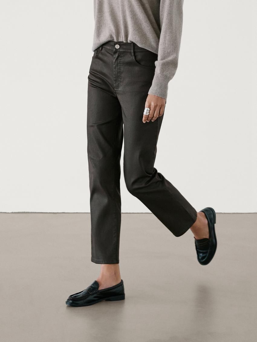 Massimo Dutti Straight-leg Waxed Women Trousers Dark Brown | US-IB5672418