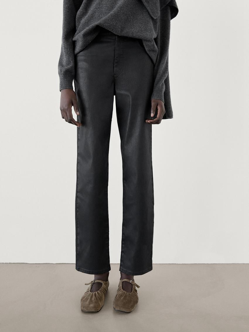 Massimo Dutti Straight-leg Waxed Women Trousers Black | US-CA3502764