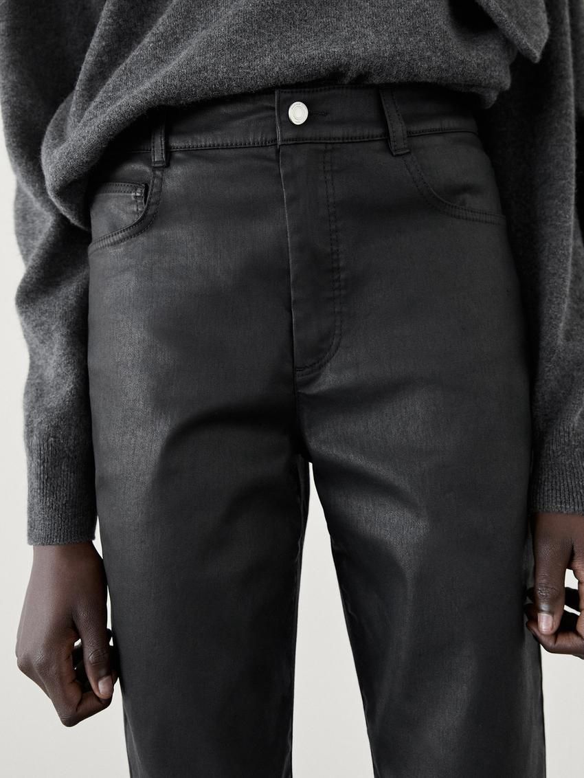 Massimo Dutti Straight-leg Waxed Women Trousers Black | US-CA3502764