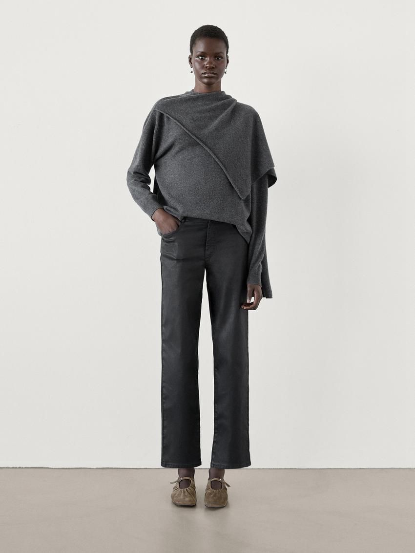 Massimo Dutti Straight-leg Waxed Women Trousers Black | US-CA3502764