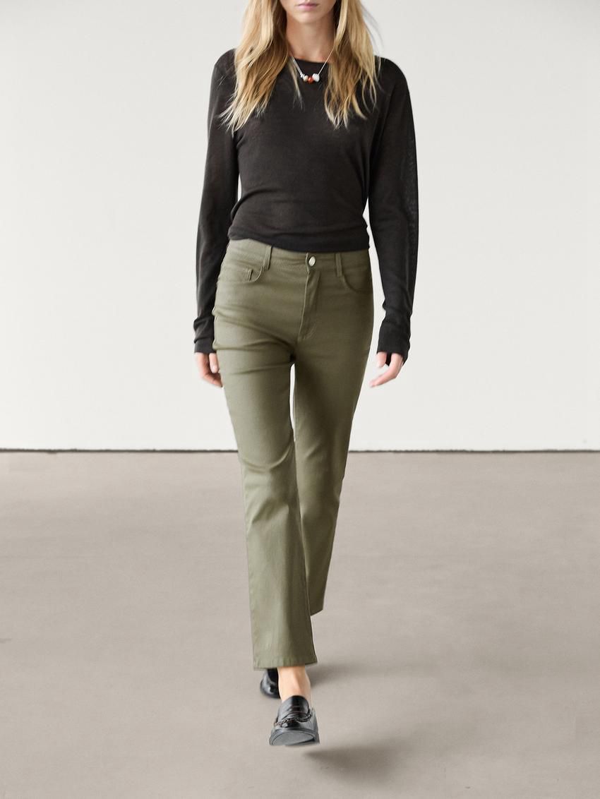 Massimo Dutti Straight-leg Waxed Women Trousers Khaki | US-JF1285076