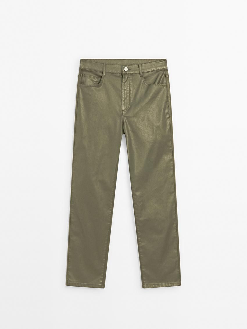 Massimo Dutti Straight-leg Waxed Women Trousers Khaki | US-JF1285076