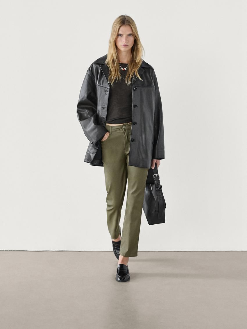 Massimo Dutti Straight-leg Waxed Women Trousers Khaki | US-JF1285076