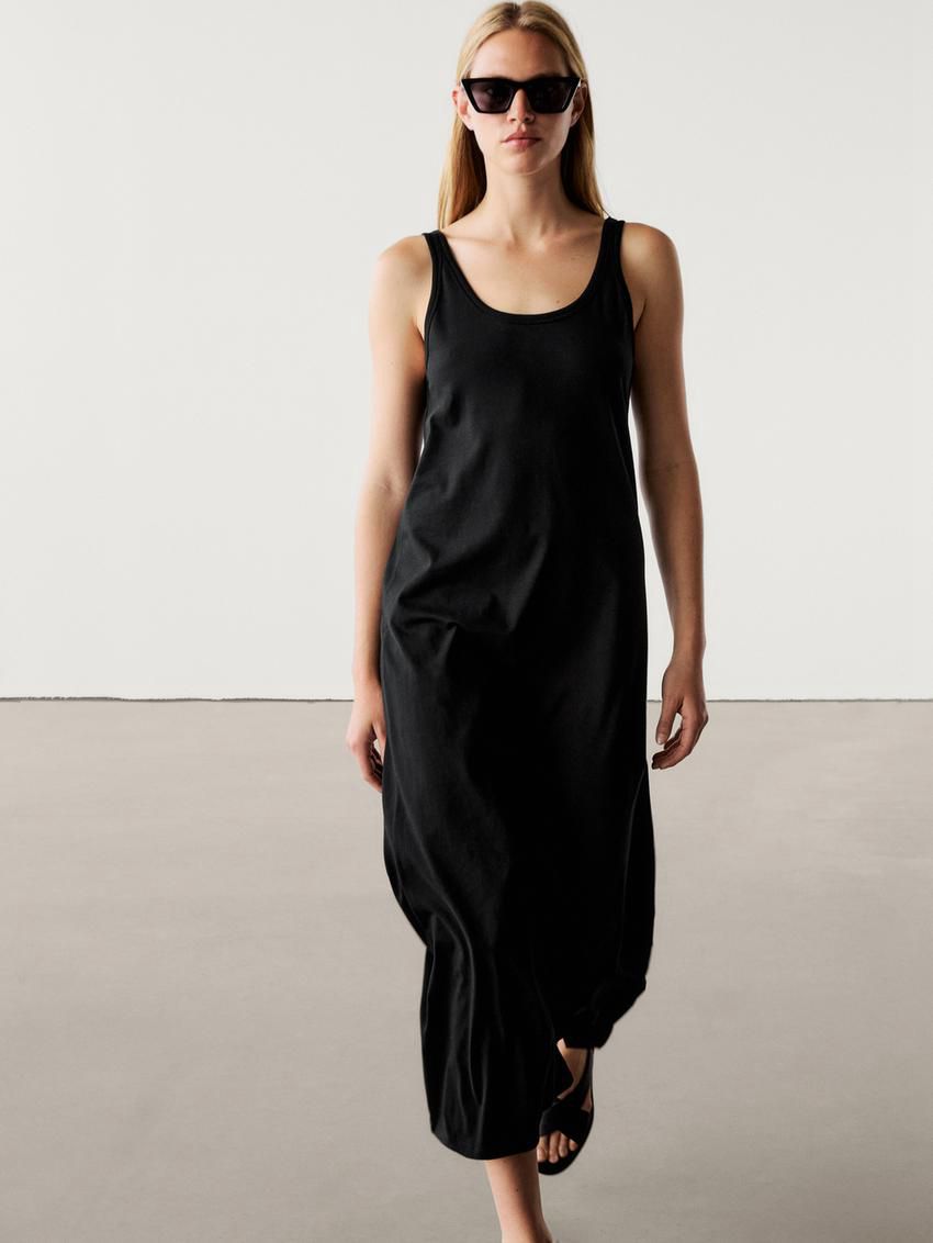 Massimo Dutti Strappy Cotton Midi Women Dress Black | US-HV1954087