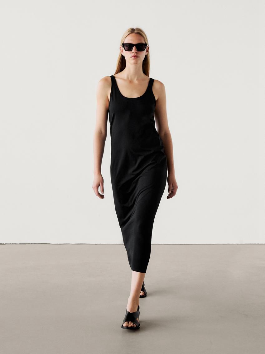 Massimo Dutti Strappy Cotton Midi Women Dress Black | US-HV1954087