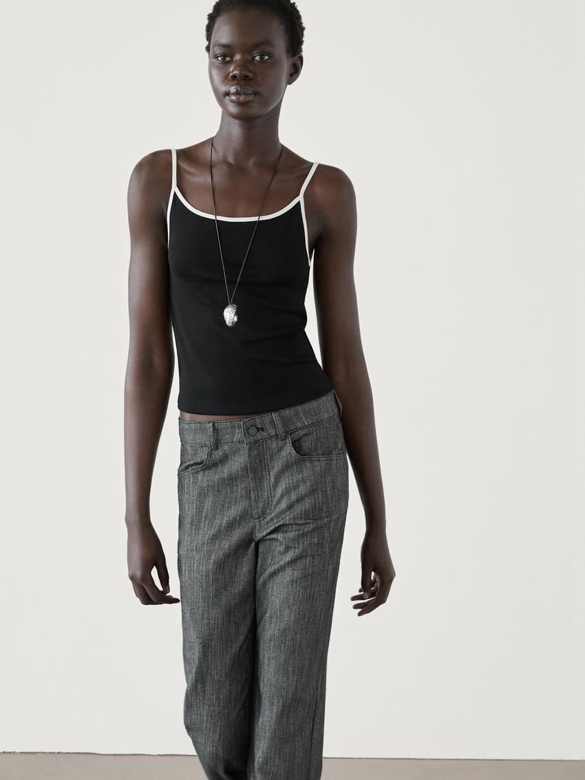 Massimo Dutti Strappy Cotton With Contrast Trim Women Top Black | US-CI7683259