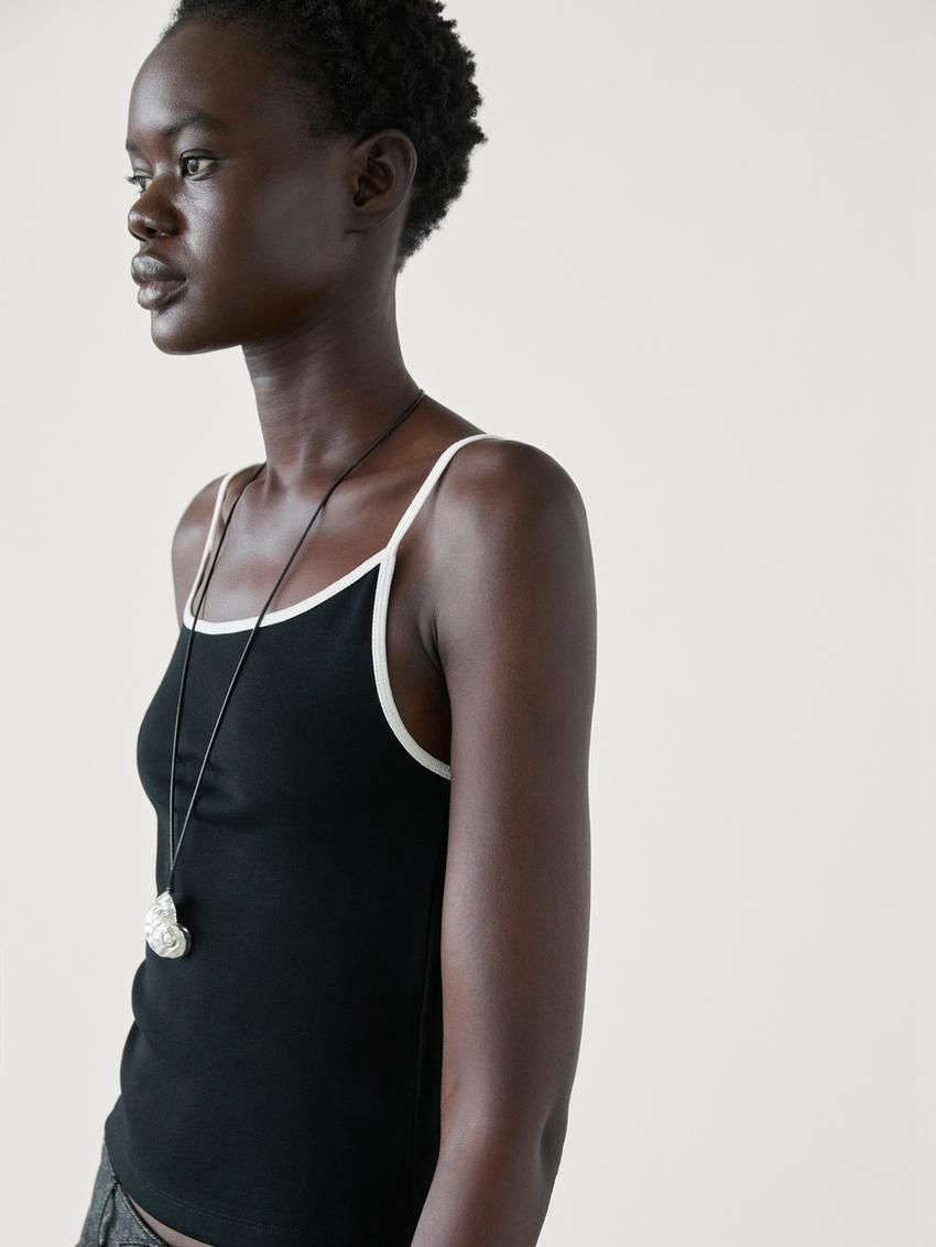 Massimo Dutti Strappy Cotton With Contrast Trim Women Top Black | US-CI7683259
