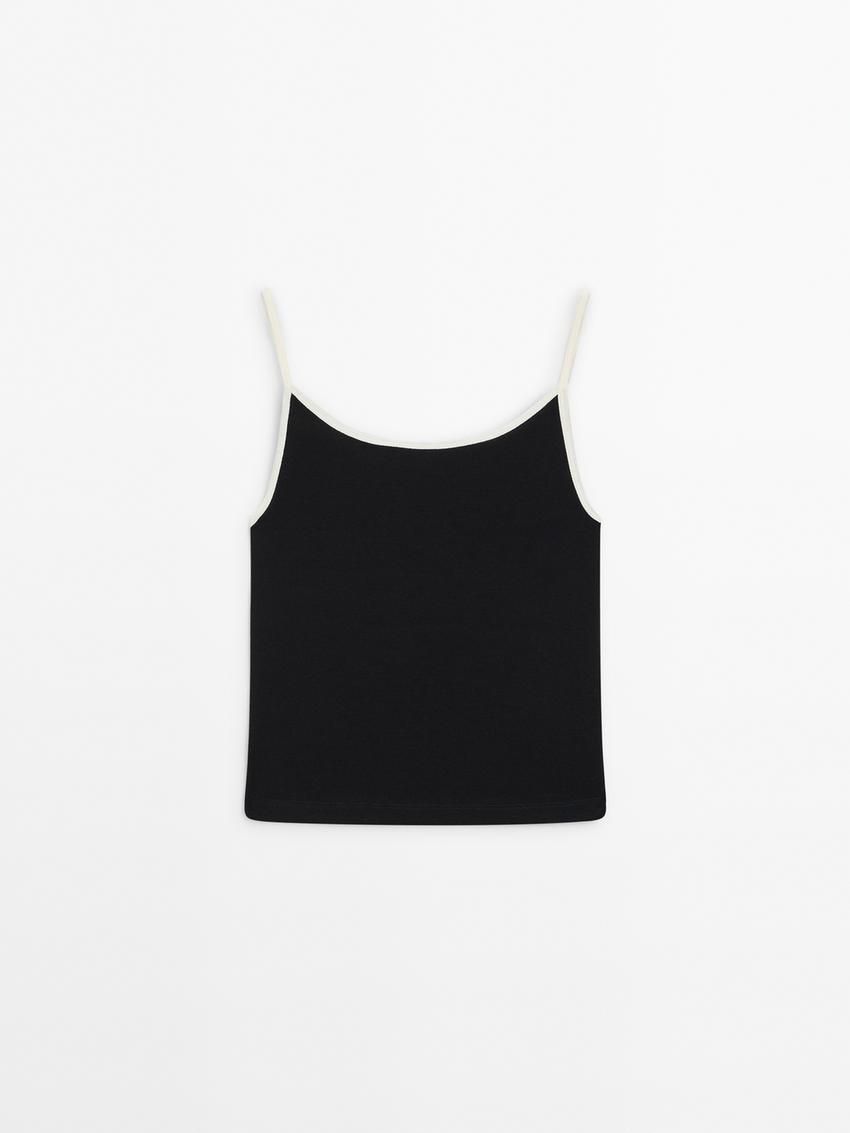 Massimo Dutti Strappy Cotton With Contrast Trim Women Top Black | US-CI7683259