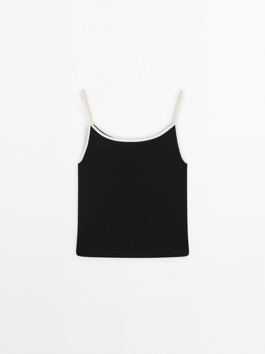 Massimo Dutti Strappy Cotton With Contrast Trim Women Top Black | US-CI7683259