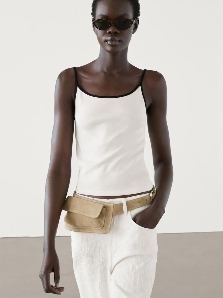 Massimo Dutti Strappy Cotton With Contrast Trim Women Top Cream | US-XQ9025418