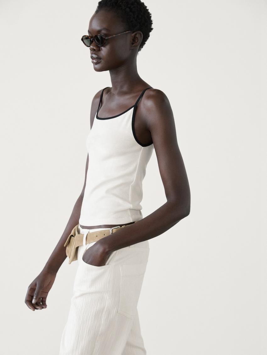 Massimo Dutti Strappy Cotton With Contrast Trim Women Top Cream | US-XQ9025418