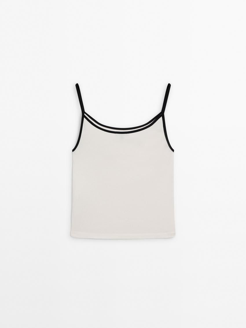 Massimo Dutti Strappy Cotton With Contrast Trim Women Top Cream | US-XQ9025418