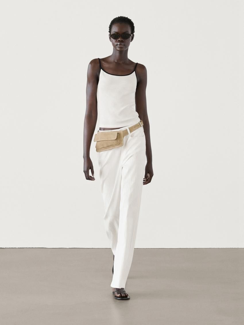 Massimo Dutti Strappy Cotton With Contrast Trim Women Top Cream | US-XQ9025418