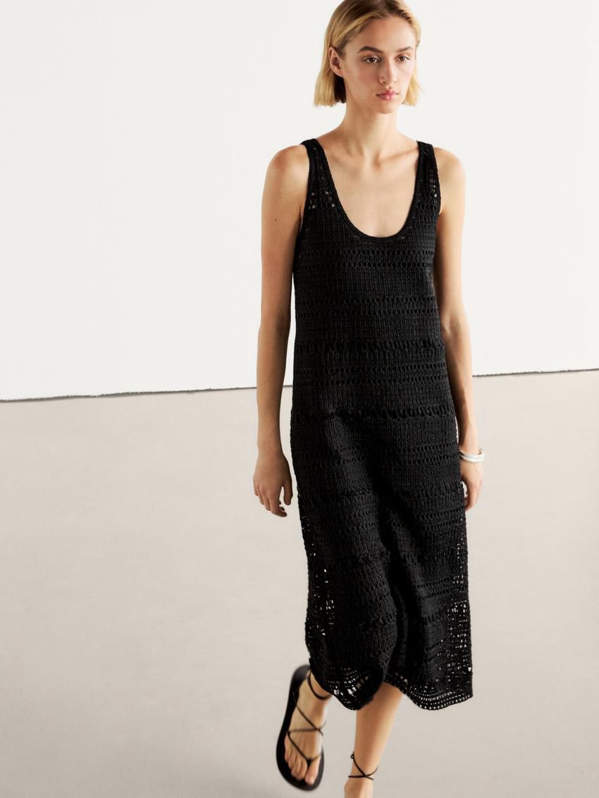Massimo Dutti Strappy Crochet Midi Women Dress Black | US-UN7854901